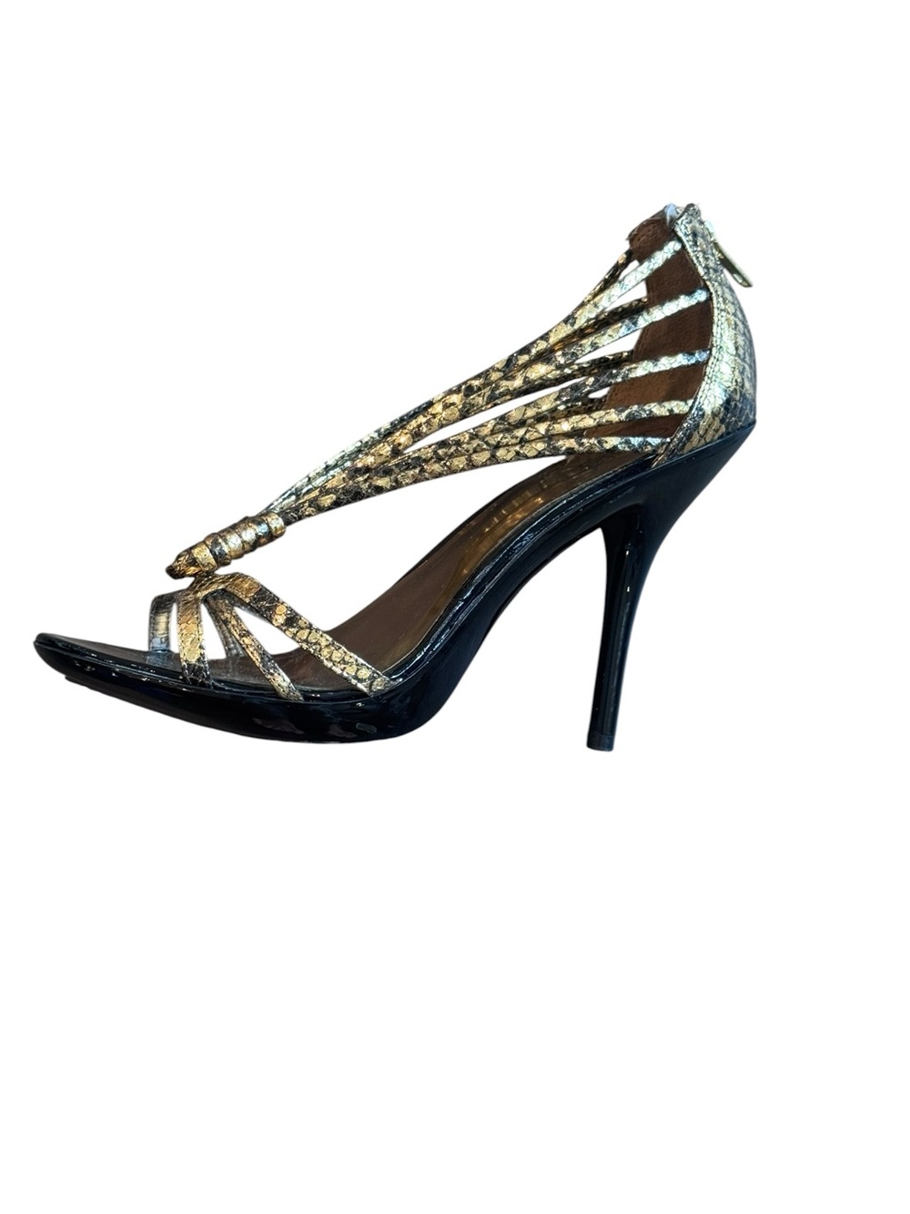 Carlos by Carlos Santana Black and Gold Snake-Print T-Strap Stiletto Sandal